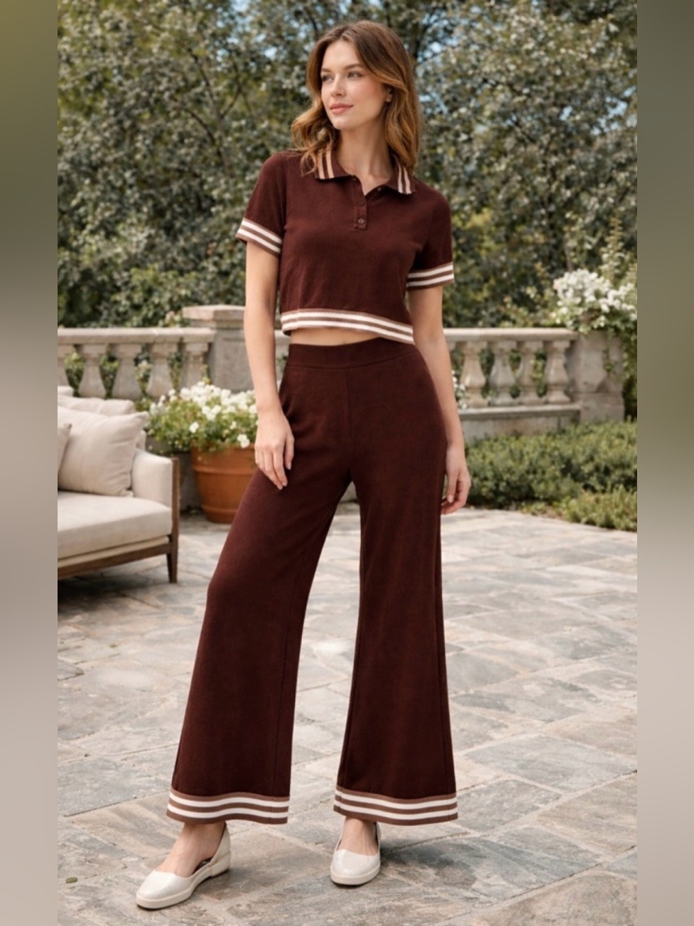 NWT Caroline Constas 2 Piece Set Travel (Medium) Brown Knit Polo Top Pants